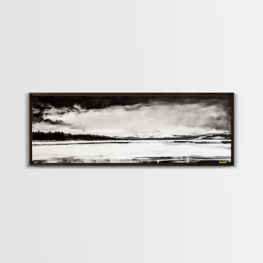 Snowy Lake Scene, Minimalist Landscape, Framed Canvas Print, Winter Wall Art, Serene Home Decor, Modern Office Art, Monochrome Nature Painting