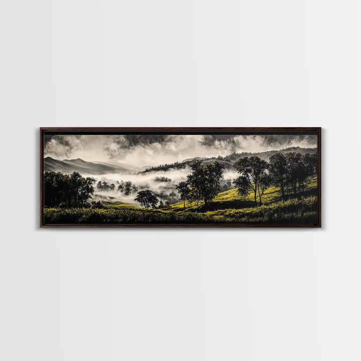 Rolling Hills, Misty Landscape, Moody Mountain Art, Nature Inspired Decor, Framed Canvas Print, Living Room Wall Art, Dramatic Foggy Scene