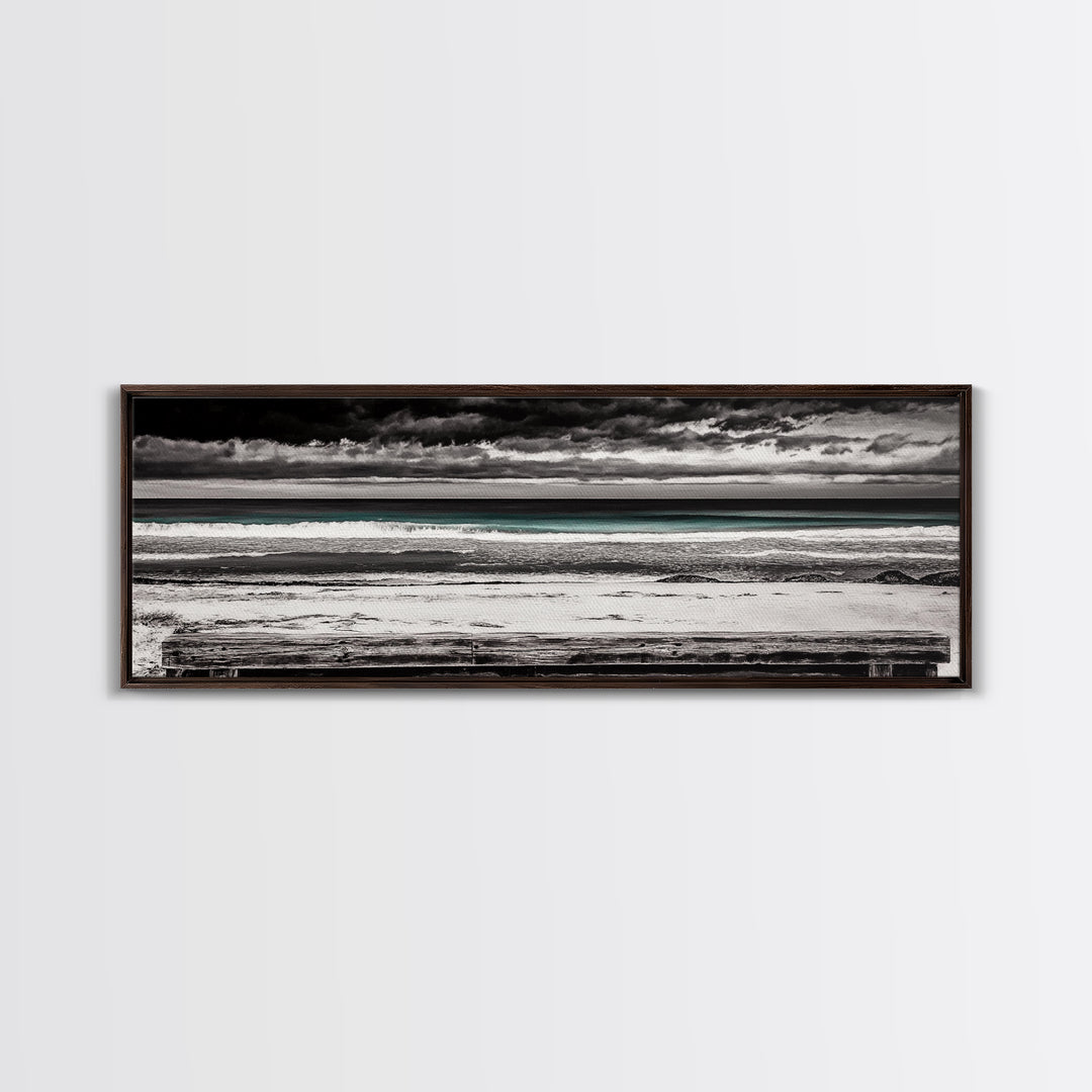 Ocean Bench, Beach Serenity, Black and White Seascape, Minimalist Art, Framed Canvas Print, Calm Coastal, Meditation Space