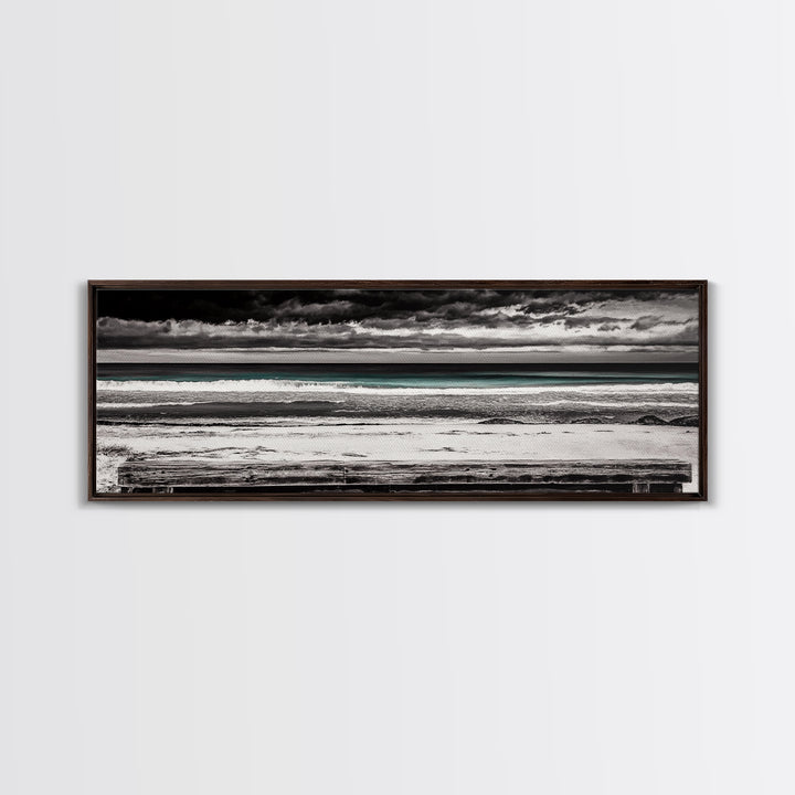 Ocean Bench, Beach Serenity, Black and White Seascape, Minimalist Art, Framed Canvas Print, Calm Coastal, Meditation Space