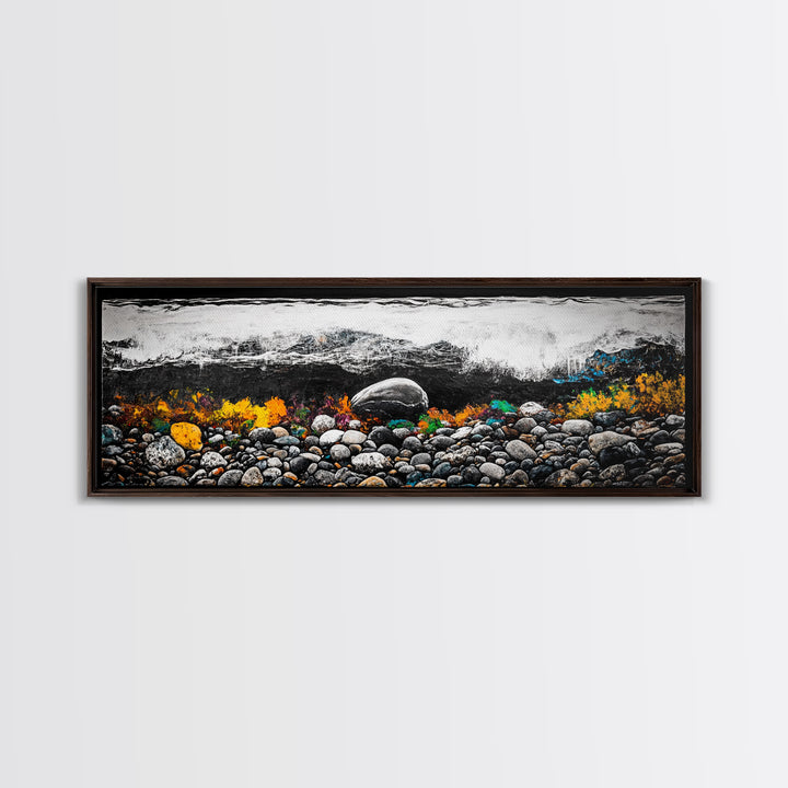 Pebble Beach, Ocean Waves, Coastal Rocks, Canvas Print, Nautical Home Decor, Beach House Art, Nature-Inspired Wall Art, Minimalist Seascape