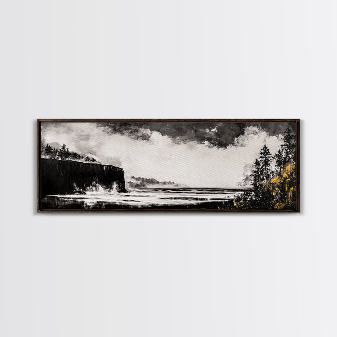 Cliffside Ocean, Dramatic Seascape, Moody Coast, Monochrome, Framed Canvas Print, Coastal Wall Art, Nautical Decor, Large Wall Art