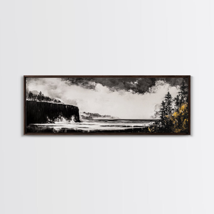 Cliffside Ocean, Dramatic Seascape, Moody Coast, Monochrome, Framed Canvas Print, Coastal Wall Art, Nautical Decor, Large Wall Art