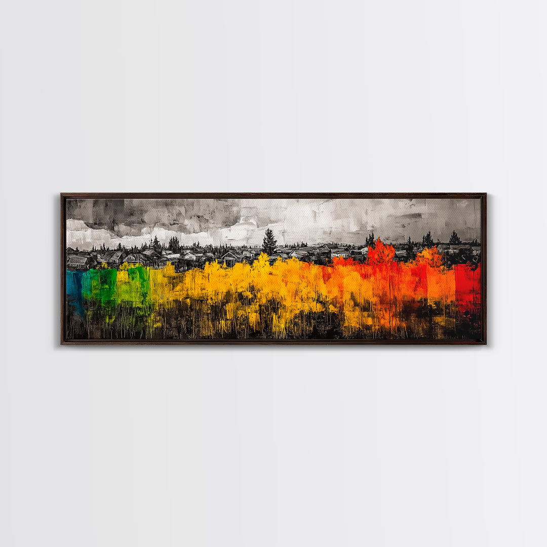 Autumn Trees, Village Scene, Vibrant Fall Decor, Warm Seasonal Print, Nature Inspired Artwork, Living Room Wall Art, Framed Canvas Print