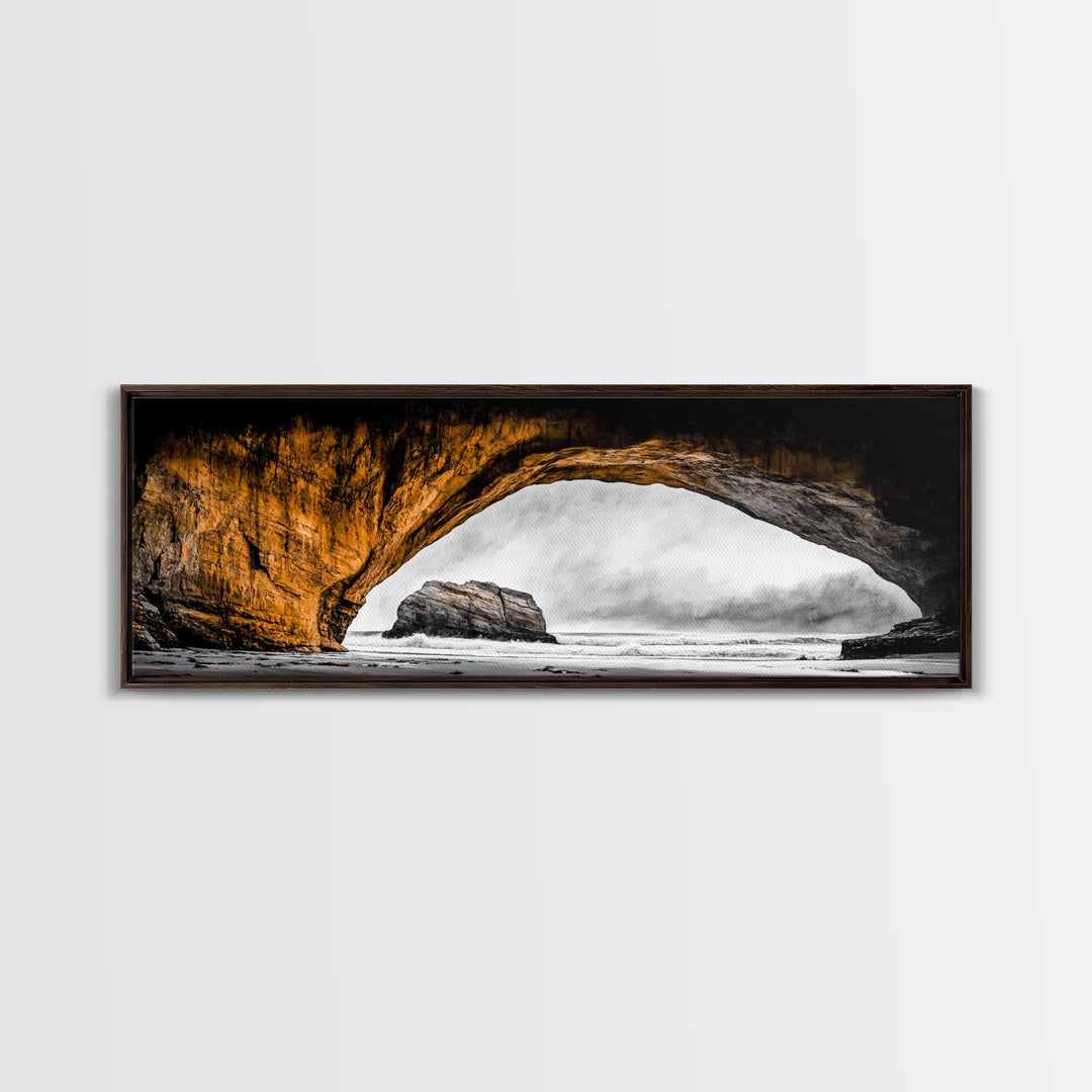 Natural Arch, Coastal Cliff Art, Black and White Landscape, Beach Rock Formation, Dramatic Seascape, Home Wall Decor, Canvas Print