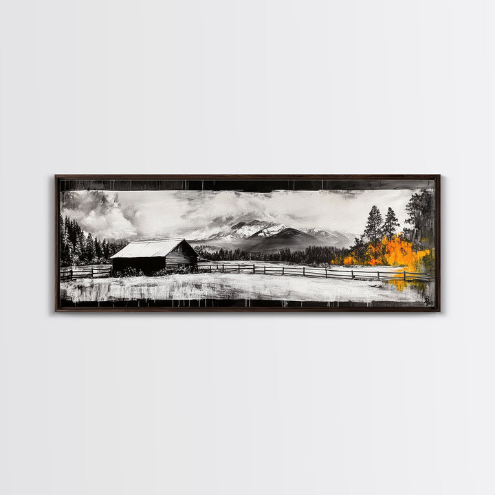 Cabin in Mountains, Rustic Winter Scene, Black and White Art, Fall Forest Accent, Cozy Lodge, Living Room Decor, Framed Canvas Print