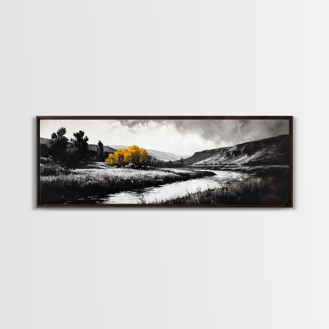 River Landscape, Rustic Nature Art, Black and White with Yellow Accent, Peaceful Scenery, Living Room Decor, Canvas Print