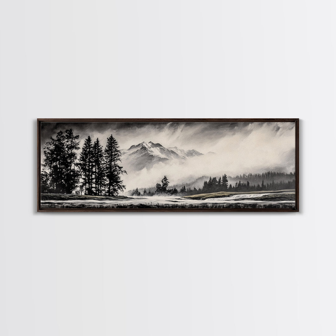 Mountain, Misty Landscape, Black and White, Forest, Framed Canvas Print, Large Wall Art, Minimalist Art, Modern Home Decor, Bedroom Wall Art