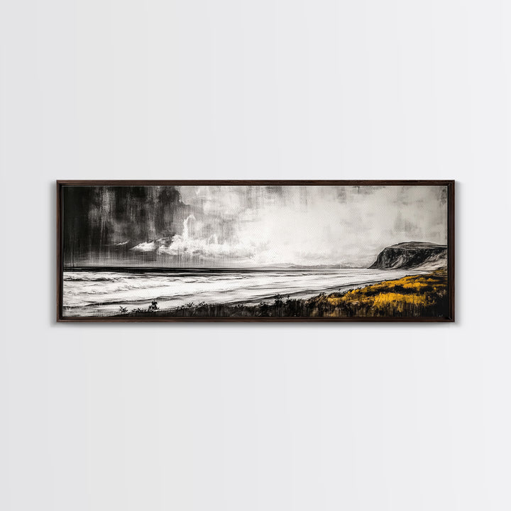 Rainy Coast, Moody Seascape, Black and White Art, Framed Canvas Print, Minimalist Wall Art, Beach House Decor, Ocean Landscape, Large Art