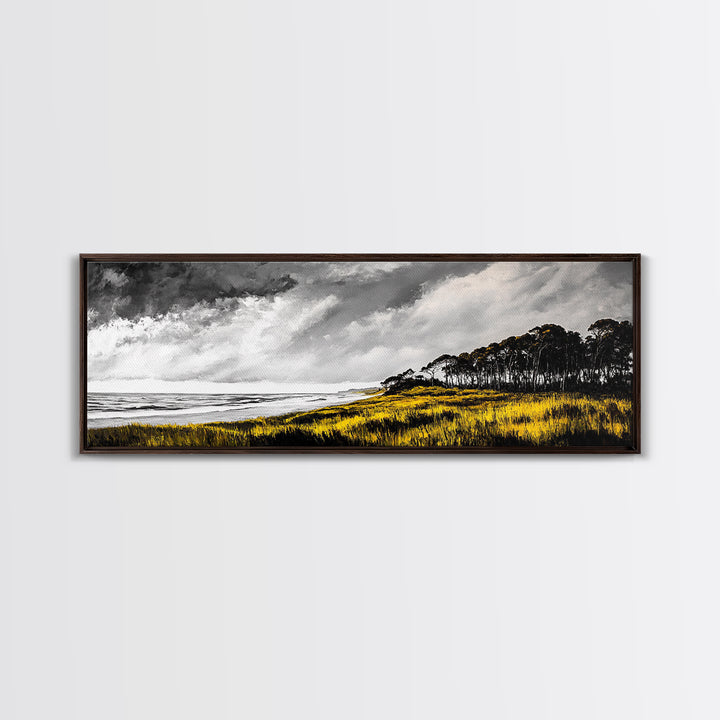 Coastal Serenity, Yellow Field, Stormy Sky, Canvas Print, Ocean Landscape, Beach House Art, Modern Nature Painting, Living Room Wall Decor
