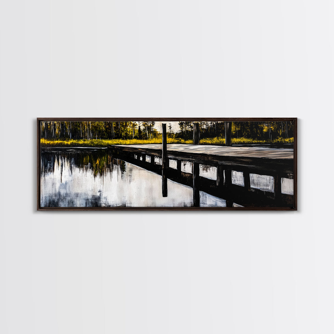 Lakeside Dock, Reflection Art, Serene Water, Framed Canvas Print, Tranquil Nature Scene, Rustic Cabin Decor, Woodland Wall Art, Large Art