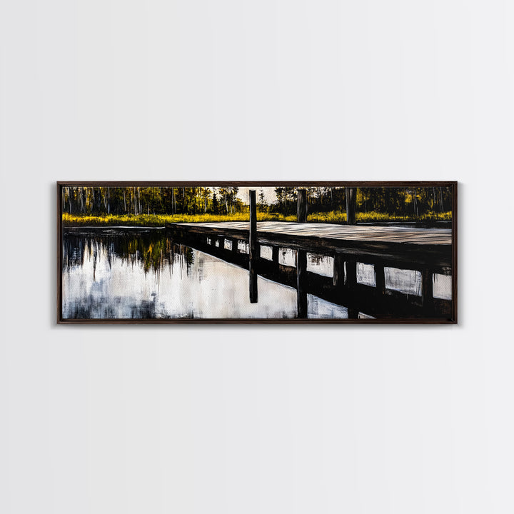 Lakeside Dock, Reflection Art, Serene Water, Framed Canvas Print, Tranquil Nature Scene, Rustic Cabin Decor, Woodland Wall Art, Large Art