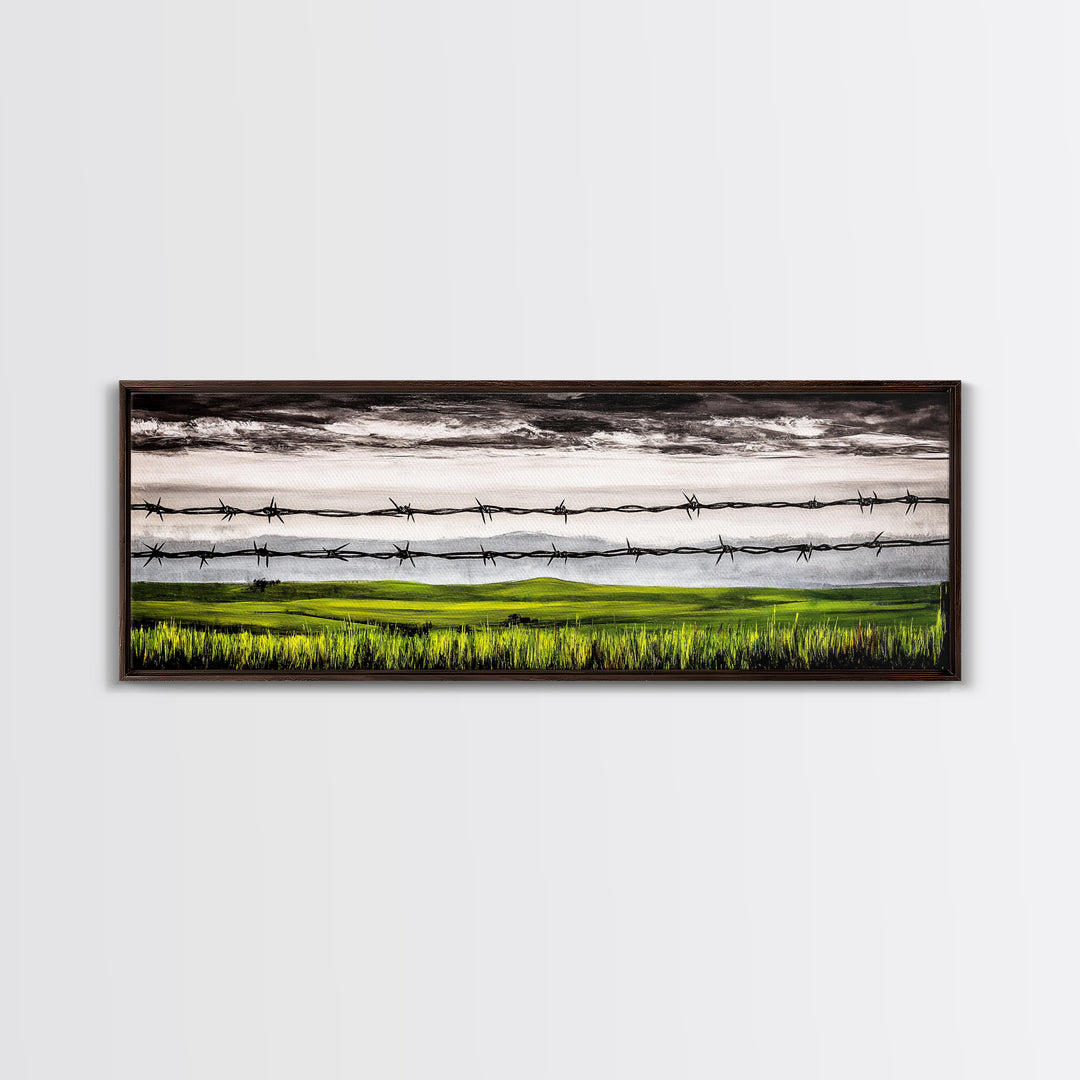 Barbed Wire Art, Rural Landscape Print, Farmhouse Wall Decor, Countryside Canvas Print, Rustic Living Room Art, Framed Canvas Print