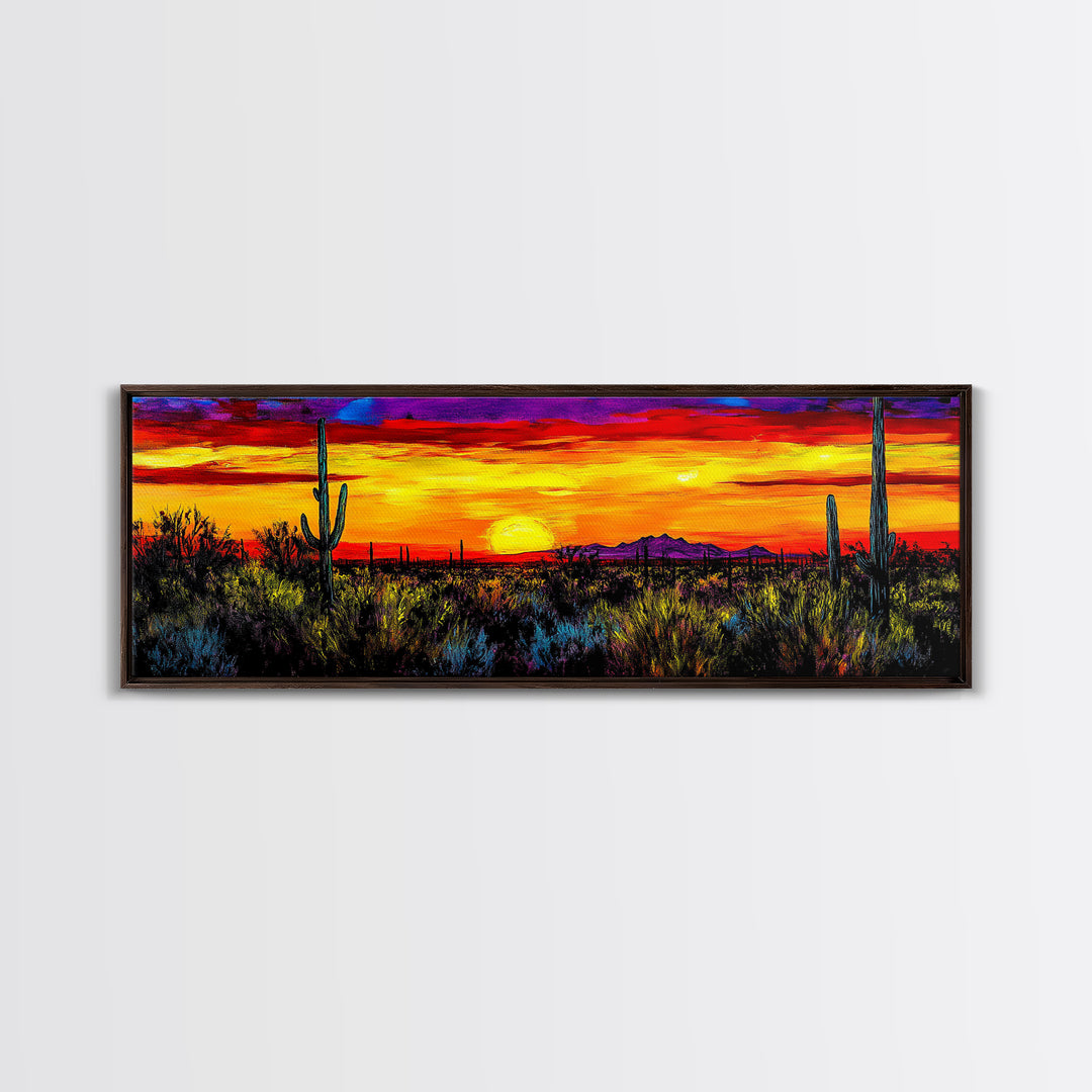 Desert Sunset Art, Vibrant Cactus Painting, Warm Boho Landscape, Southwestern Wall Decor, Bold Nature Print, Framed Canvas Print