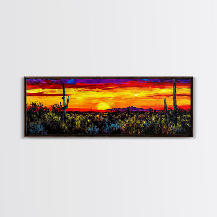 Desert Sunset Art, Vibrant Cactus Painting, Warm Boho Landscape, Southwestern Wall Decor, Bold Nature Print, Framed Canvas Print