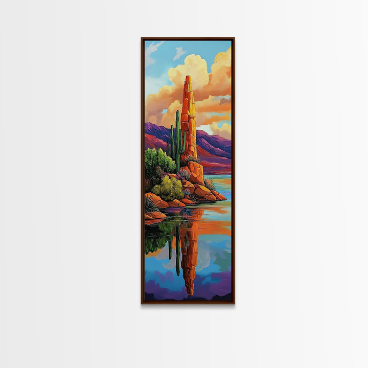 Desert Cactus, Reflection Art, Framed Canvas Print, bold southwest landscape, cacti and red rock lake scene, rustic style living room wall art