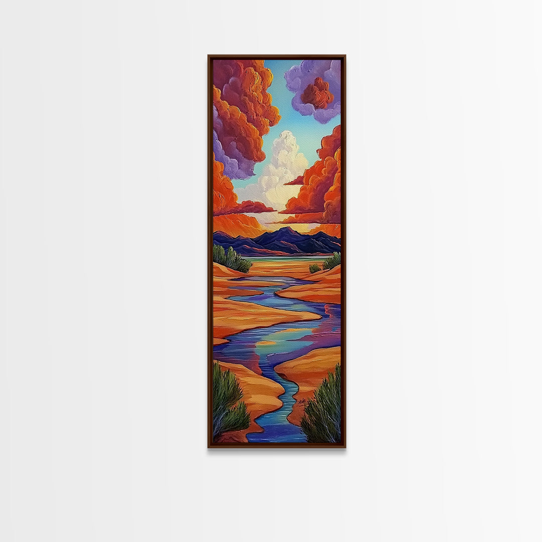 Desert River, Sky Painting, Framed Canvas Print, warm southwestern stream view landscape, bold clouds, boho decor, office wall art