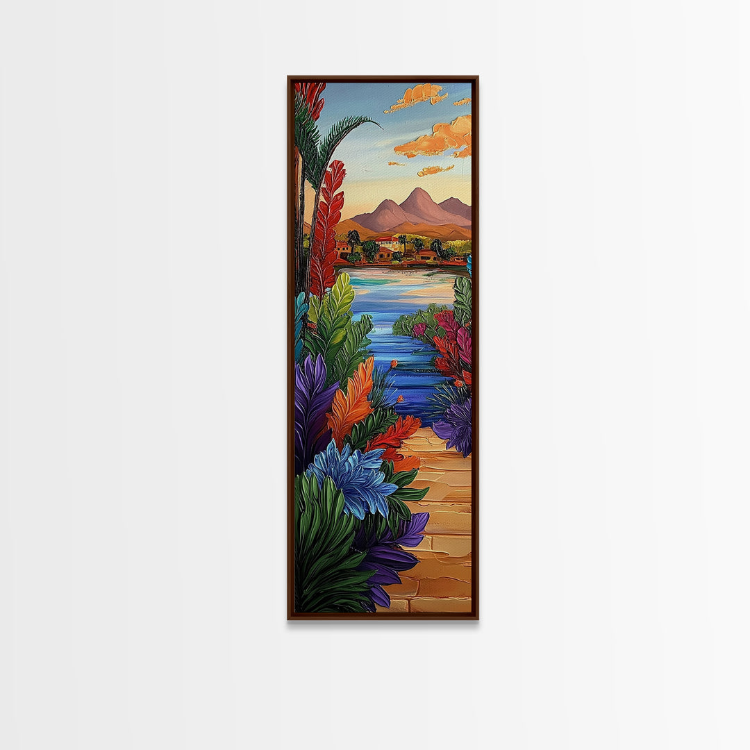 Path Garden, Village Painting, Framed Canvas Print, whimsical tropical pathway, village view, bold colorful foliage, hallway wall art, boho style