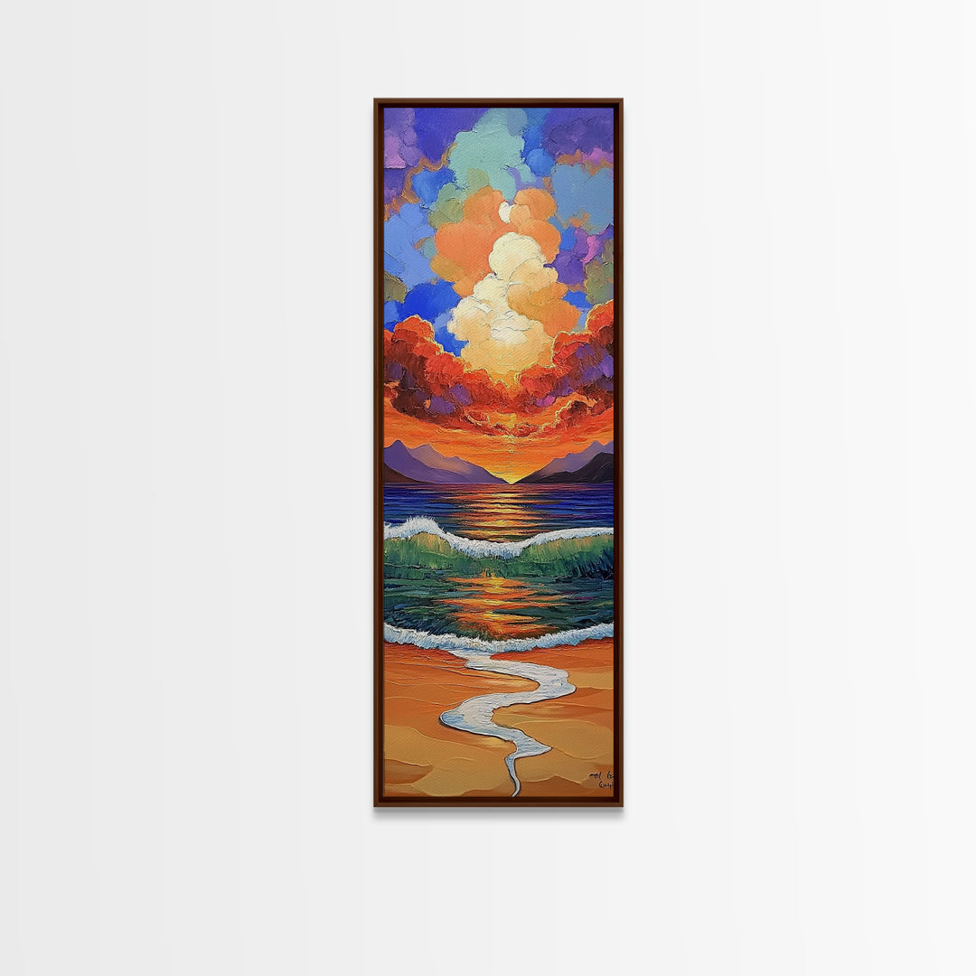 Ocean Sunset, Waves Painting, Framed Canvas Print, dramatic beach sunset, crashing waves, bold seascape, boho home decor, bathroom wall art