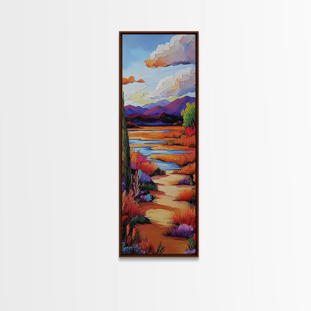 Path Mountains, Autumn Meadow, Vibrant Fall trail scene Framed Canvas Print, rustic seasonal wall art, living room nature decor