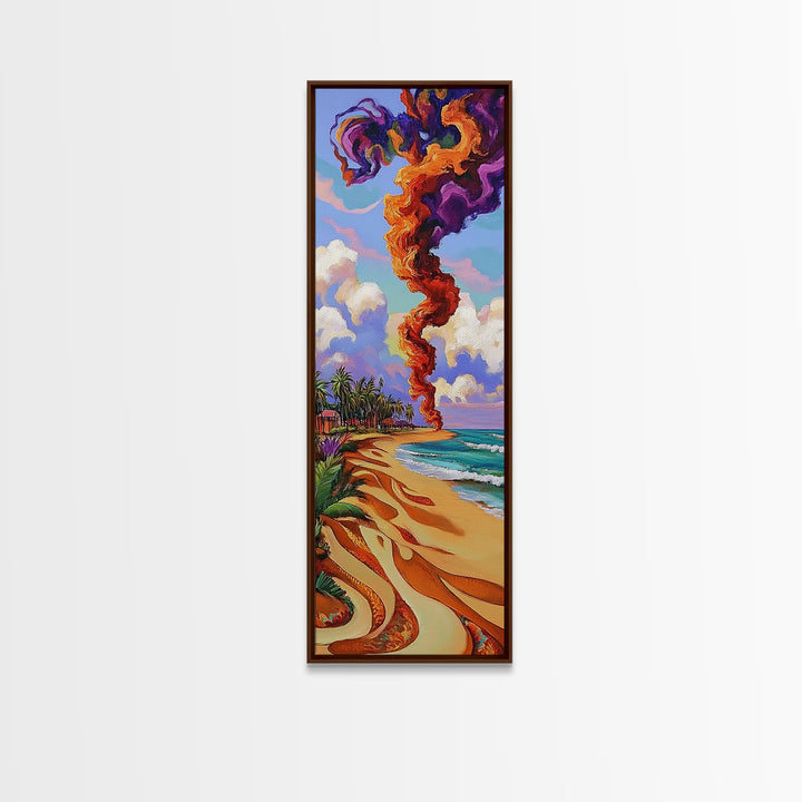 Coastal Smoke Vibes Art, Framed Canvas Print vibrant beach painting with purple and orange smoke, tropical sunset art, boho home decor