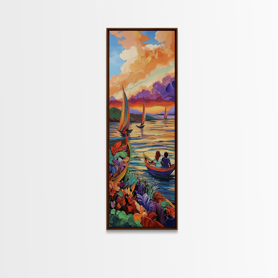 Boats Sunset, Romance Adventure, Canvas Print vibrant sailboats at sunset painting, romantic couple art, nautical wall decor, boho accent
