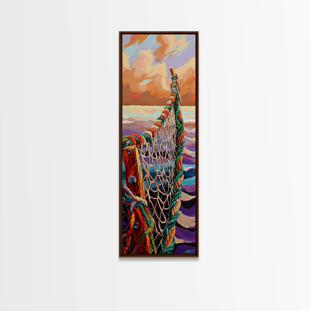 Net Ocean, Sunset Nautical – Canvas Print rustic fisherman’s net painting, nautical themed wall art, beach decor, living room statement art