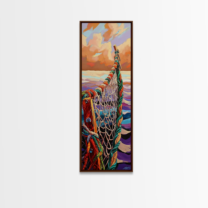 Net Ocean, Sunset Nautical – Canvas Print rustic fisherman’s net painting, nautical themed wall art, beach decor, living room statement art