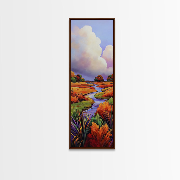 Autumn Marsh, Winding Stream, Colorful Landscape, Framed Canvas Print, fall wall decor, nature inspired art, rustic home or cabin decor