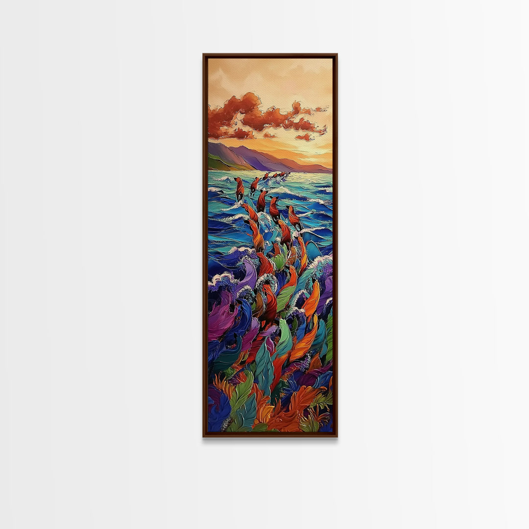 Ocean Horses, Sunset Gallop, Wild Waves, Canvas Print, vibrant equestrian beach art, bold fantasy decor, living room or adventure-themed room