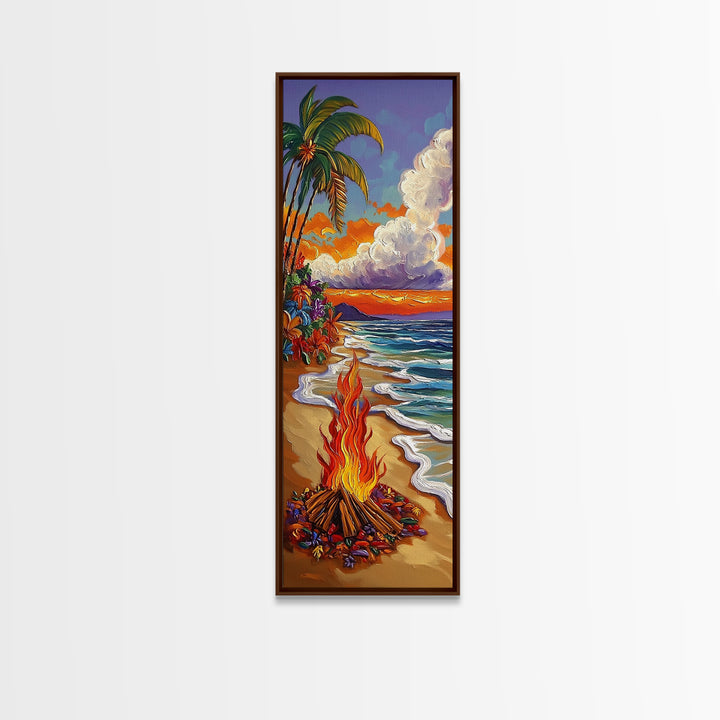 Beach Bonfire, Tropical Sunset, Palm Trees, Framed Canvas Print, coastal beach wall art, summer living room or patio decor, boho ocean vibe
