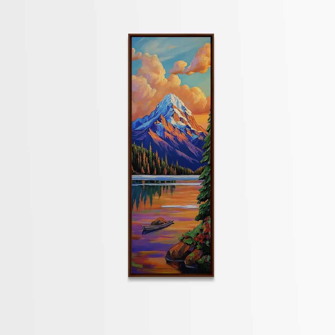 Mountain, Sunrise, Reflection, Nature Scene Framed Canvas Print, Rustic Cabin Decor, Autumn Wall Art, Living Room Mountain Landscape Painting