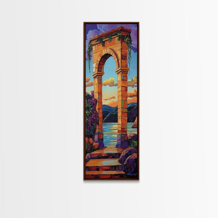 Archway, Sunset, Stone Portal, Dreamscape Framed Canvas Print, Mediterranean Wall Art, Spiritual Decor, Eclectic Entryway Accent, Sunset Painting