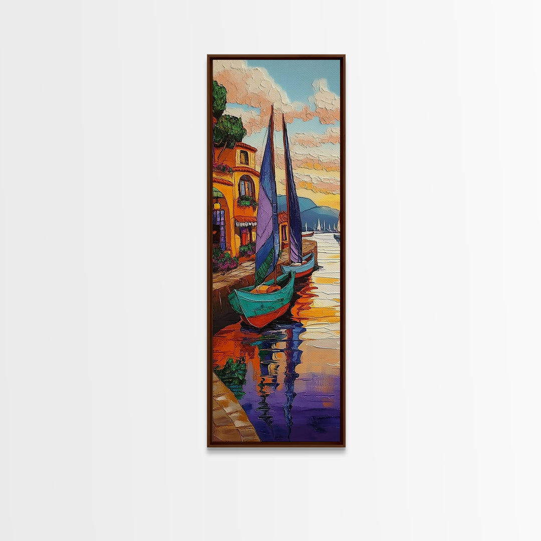 Boats, Harbor, Coastal Village, Mediterranean Scene Framed Canvas Print, Nautical Wall Decor, Vibrant Harbor Painting, Dining Room Accent Art