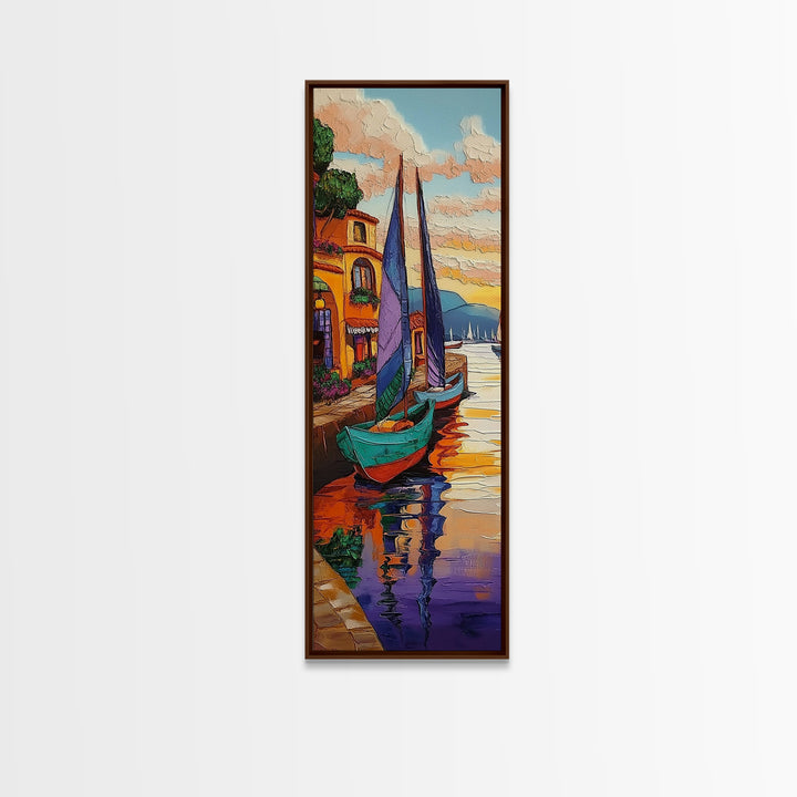 Boats, Harbor, Coastal Village, Mediterranean Scene Framed Canvas Print, Nautical Wall Decor, Vibrant Harbor Painting, Dining Room Accent Art