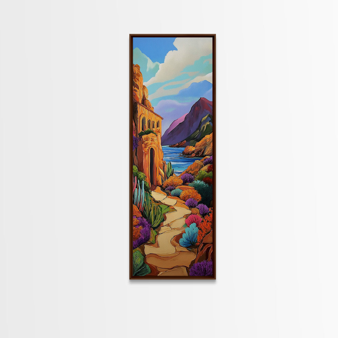 Desert, Path, Cactus, Vibes - Framed Canvas Print, Southwest Landscape Wall Art, Living Room Colorful Boho Art, Mediterranean Path Painting