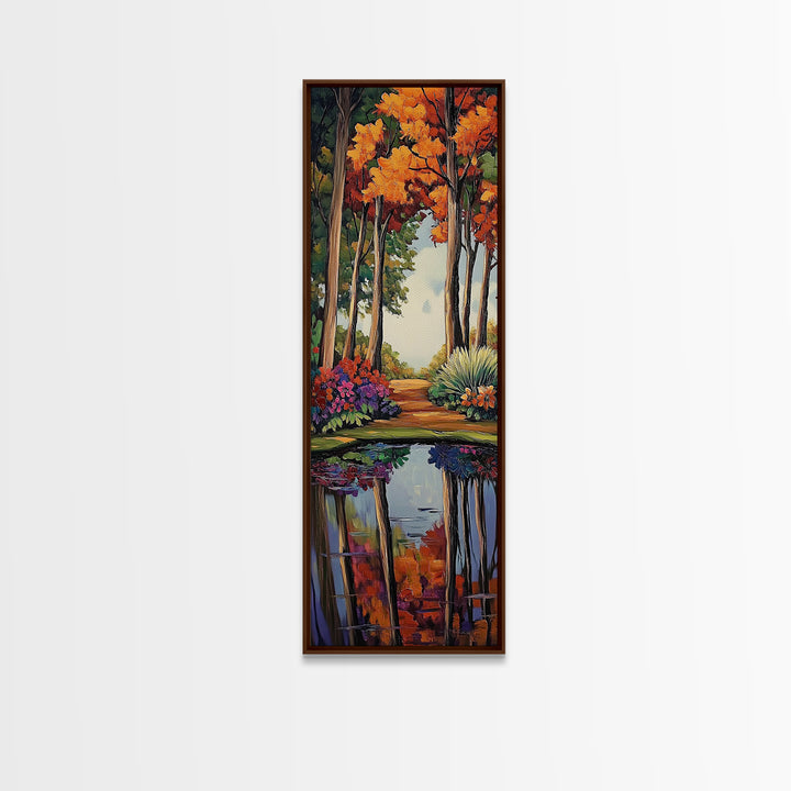 Autumn, Trees, Reflection, Forest - Framed Canvas Print, Fall Foliage Wall Art, Nature Scene Living Room Decor, Warm Seasonal Forest Painting