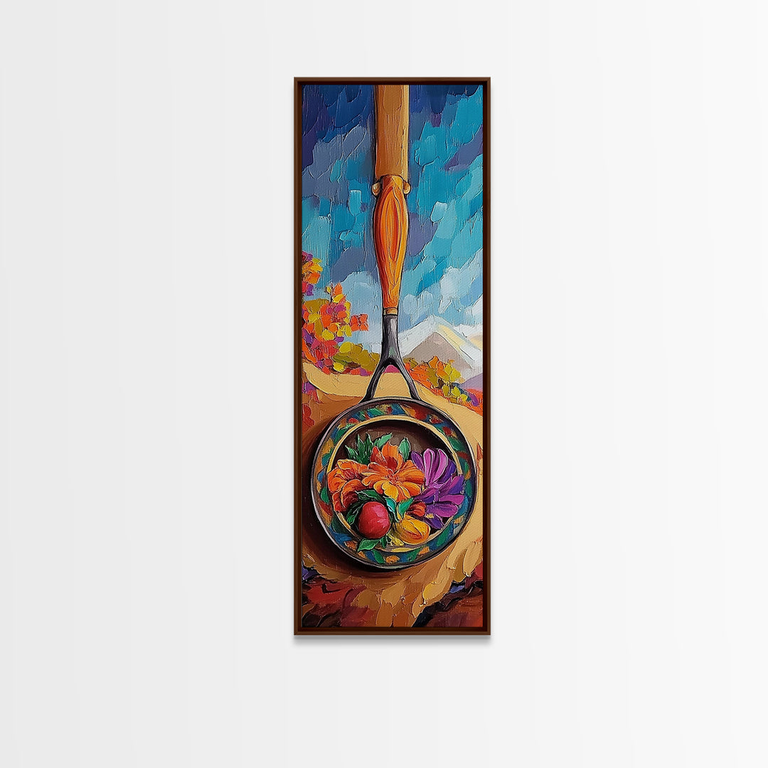 Frying, Pan, Fruit, Flowers, Framed Canvas Print, Kitchen wall decor, farmhouse fall art, rustic home accent, colorful culinary still life