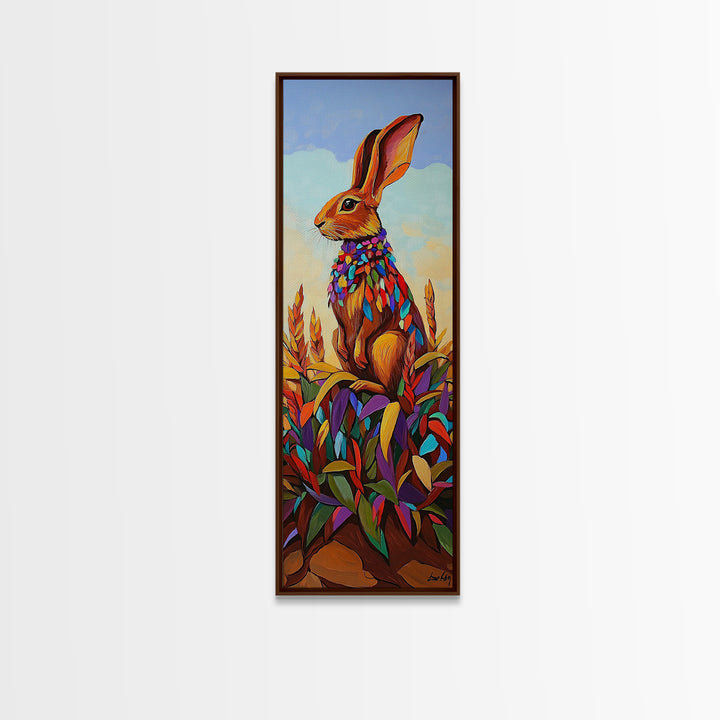 Rabbit, Autumn, Leaves, Field, Framed Canvas Print, Fall nursery wall art, woodland animal painting, whimsical harvest decor, colorful boho style