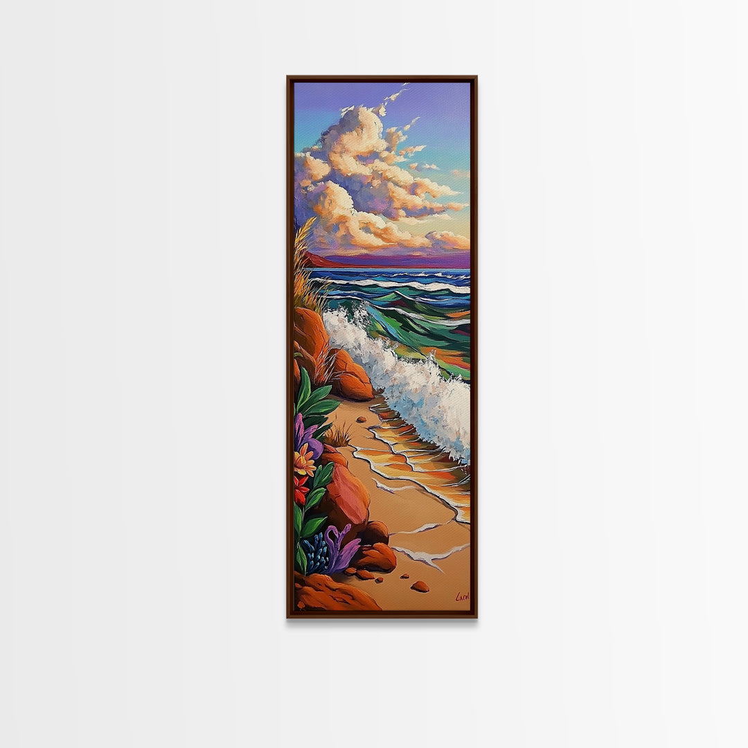 Coastal Flowers, Waves Sunset, Framed Canvas Print, Beach Art, Seaside Wall Decor, Tropical Artwork, Living Room Coastal Decor, Ocean Art