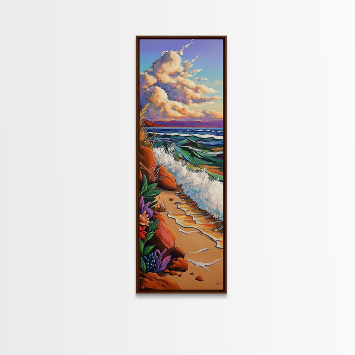 Coastal Flowers, Waves Sunset, Framed Canvas Print, Beach Art, Seaside Wall Decor, Tropical Artwork, Living Room Coastal Decor, Ocean Art