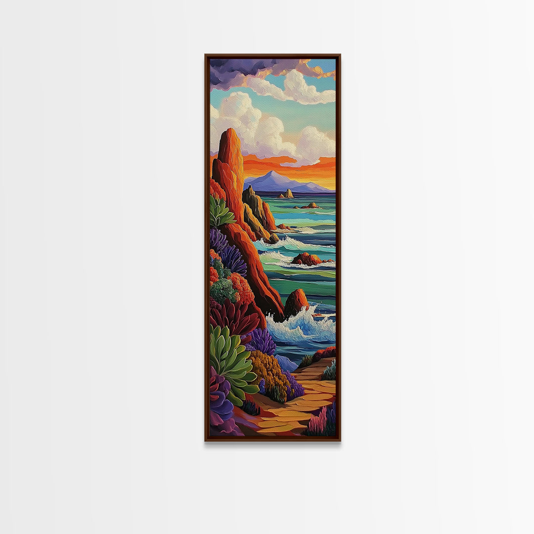 Coastal, Sunset, Seascape, Vibes, Framed Canvas Print of ocean cliffs and crashing waves, modern coastal wall art, beach house decor