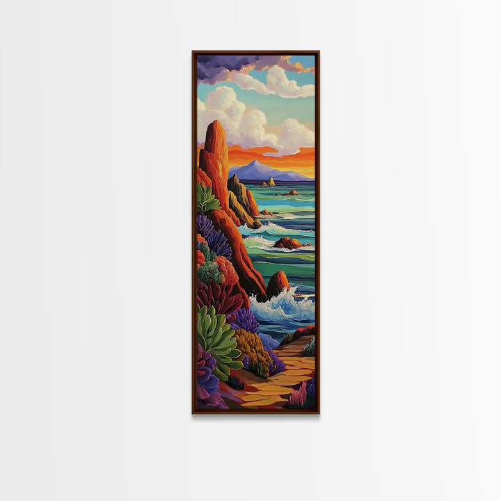 Coastal, Sunset, Seascape, Vibes, Framed Canvas Print of ocean cliffs and crashing waves, modern coastal wall art, beach house decor