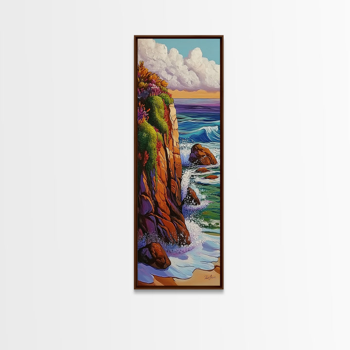 Cliff, Ocean, Waves, Nature, Framed Canvas Print of dramatic coastal waves, serene beach art, bathroom wall decor, ocean lover gift