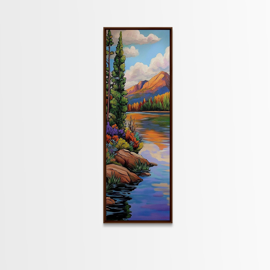 Autumn, Pines, Lake, Serenity, Framed Canvas Print with fall forest reflection, rustic cabin decor, cozy living room art, woodland scene