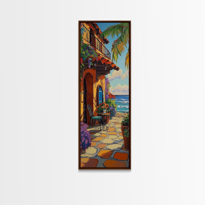 Patio, Ocean, Palm Trees, Tropical Coastal Balcony Framed Canvas Print, Boho Beach House Art, Outdoor Dining Wall Decor, Summer Vibes