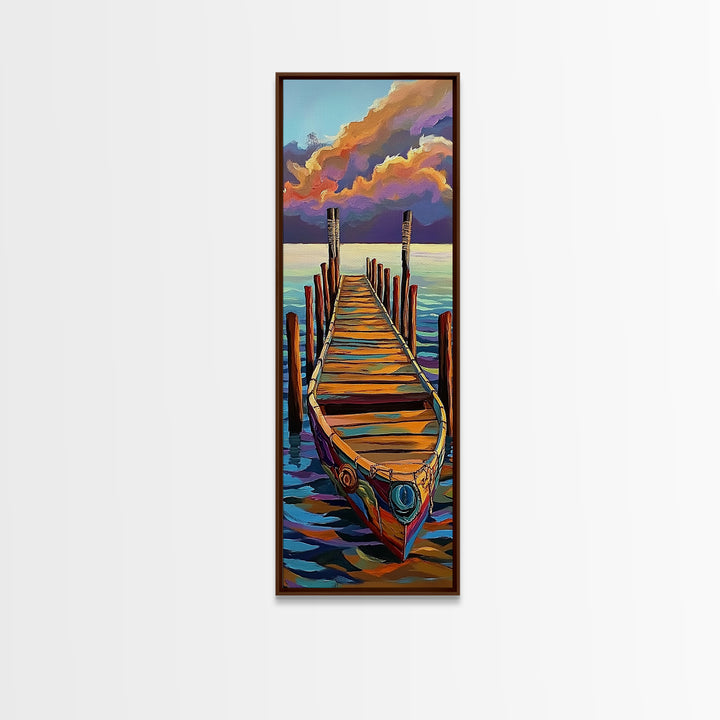 Boat, Dock, Sunset, Water, Canvas Print, Serene Nautical Wall Art, Lakehouse Decor, Minimalist Ocean Landscape, Peaceful Seascape