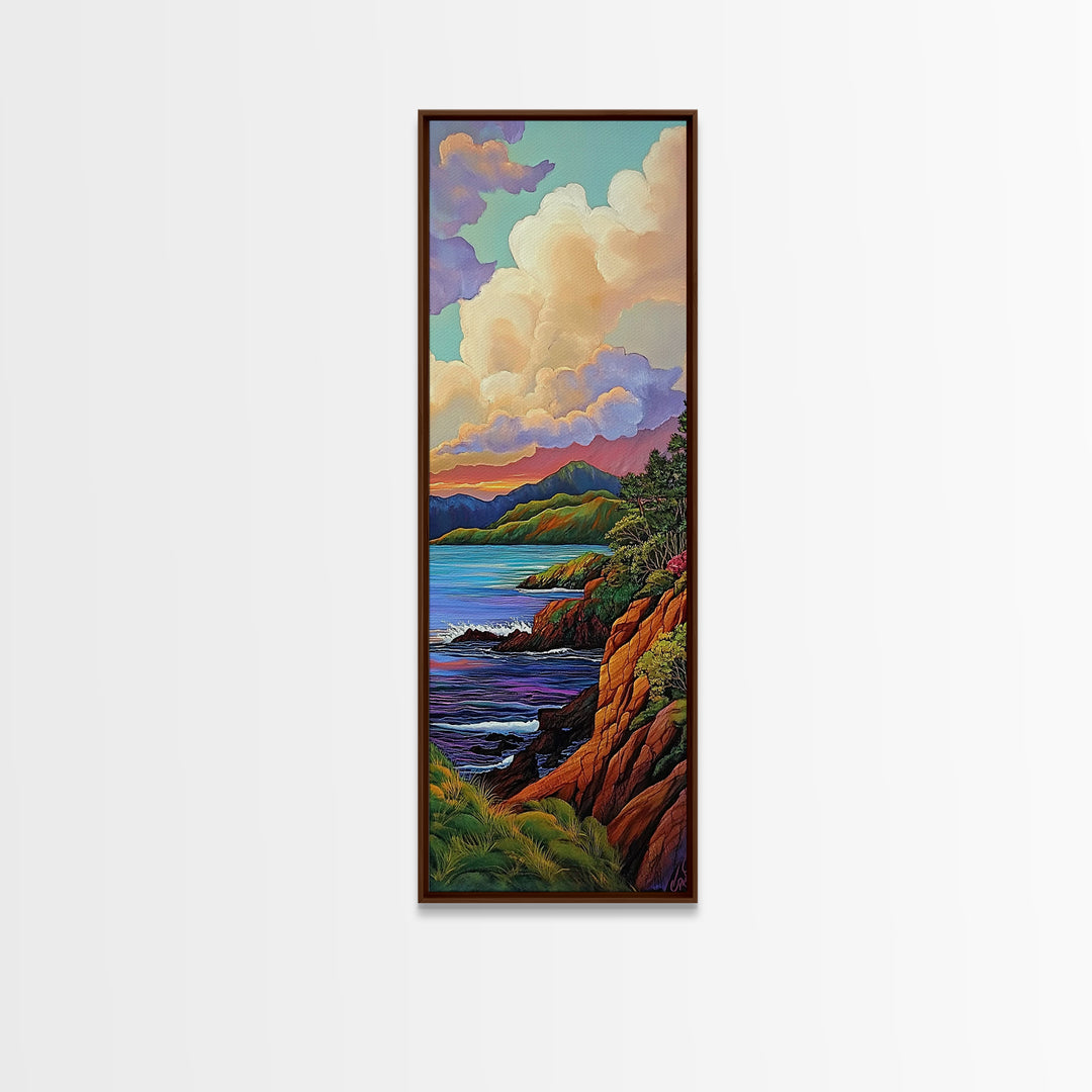 Coastal, Sunset, Cliffs, Horizon, Framed Canvas Print, Bold ocean view in painterly style, perfect Living Room Wall Art or Nature Inspired Decor