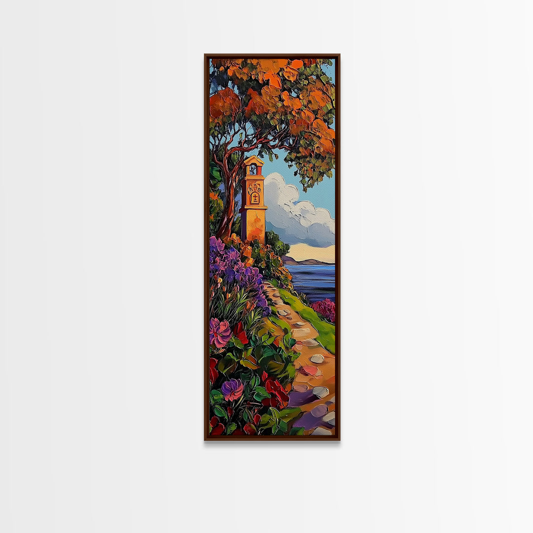 Coastal Bell Tower, Floral Pathway, Mediterranean Seaside Art, Vibrant Garden Style, Fall Home Accent, Framed Canvas Print