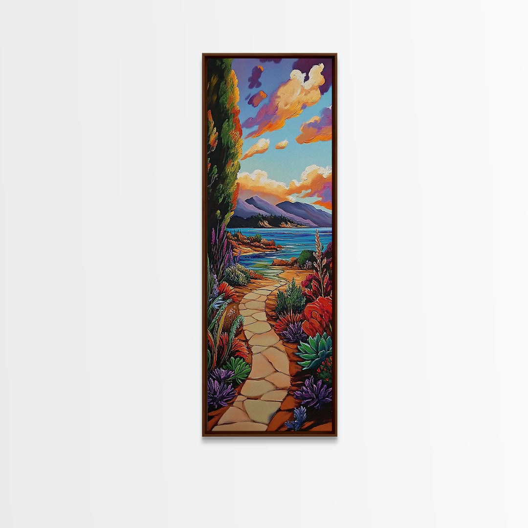 Coastal Trail, Ocean Cliffs, Vibrant Shoreline Art, Tropical Nature Decor, Scenic Summer Landscape, Framed Canvas Print